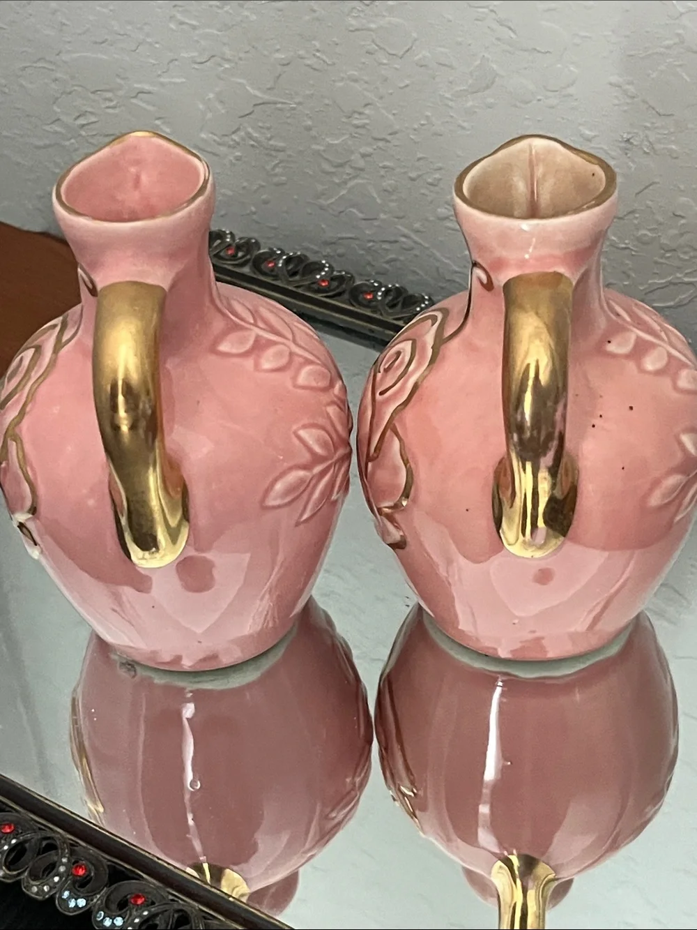 American Pottery VTG Pink Ceramic Rose Accent Pitcher (Set of 2) with Gold Trim